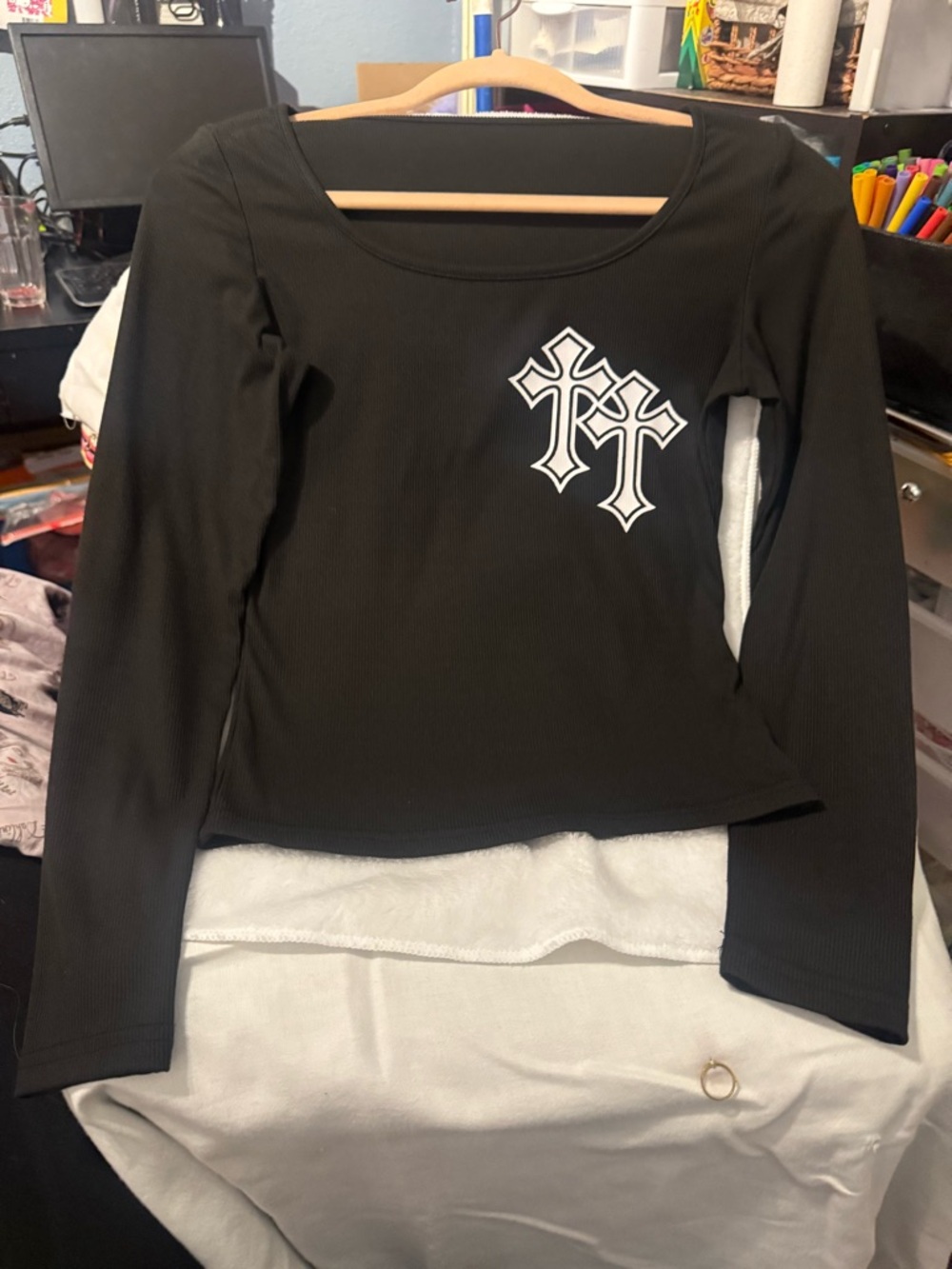 Black Cross Graphic Long Sleeve Top | Size Small | Fitted Y2K Streetwear